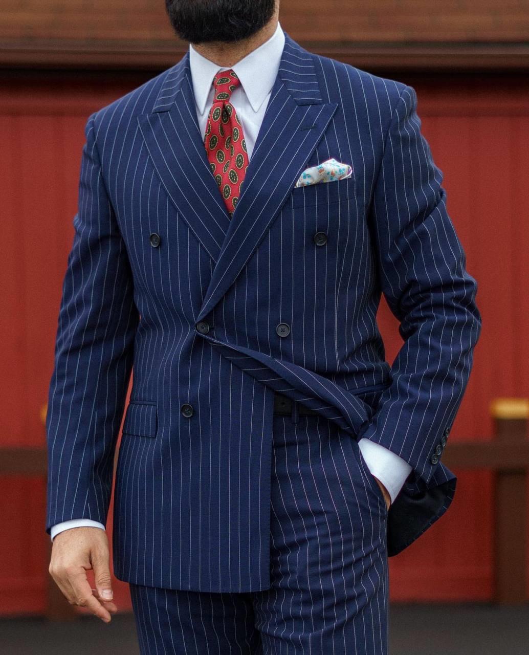 Suit Italian Cut Double Breasted Striped Navy Blue SD41023