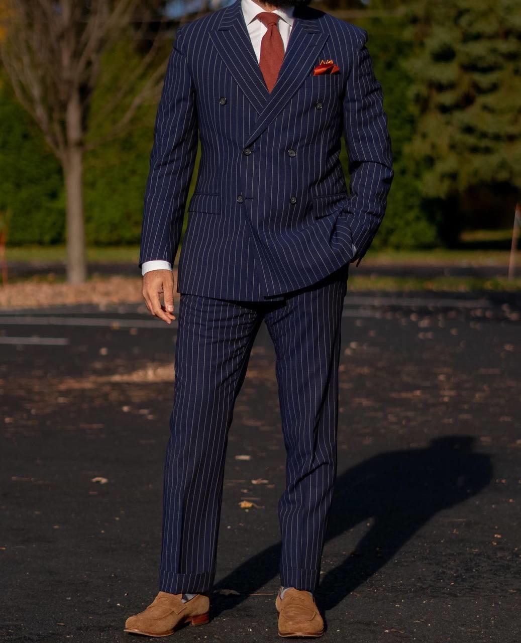Suit Italian Cut Double Breasted Striped Navy Blue SD41023