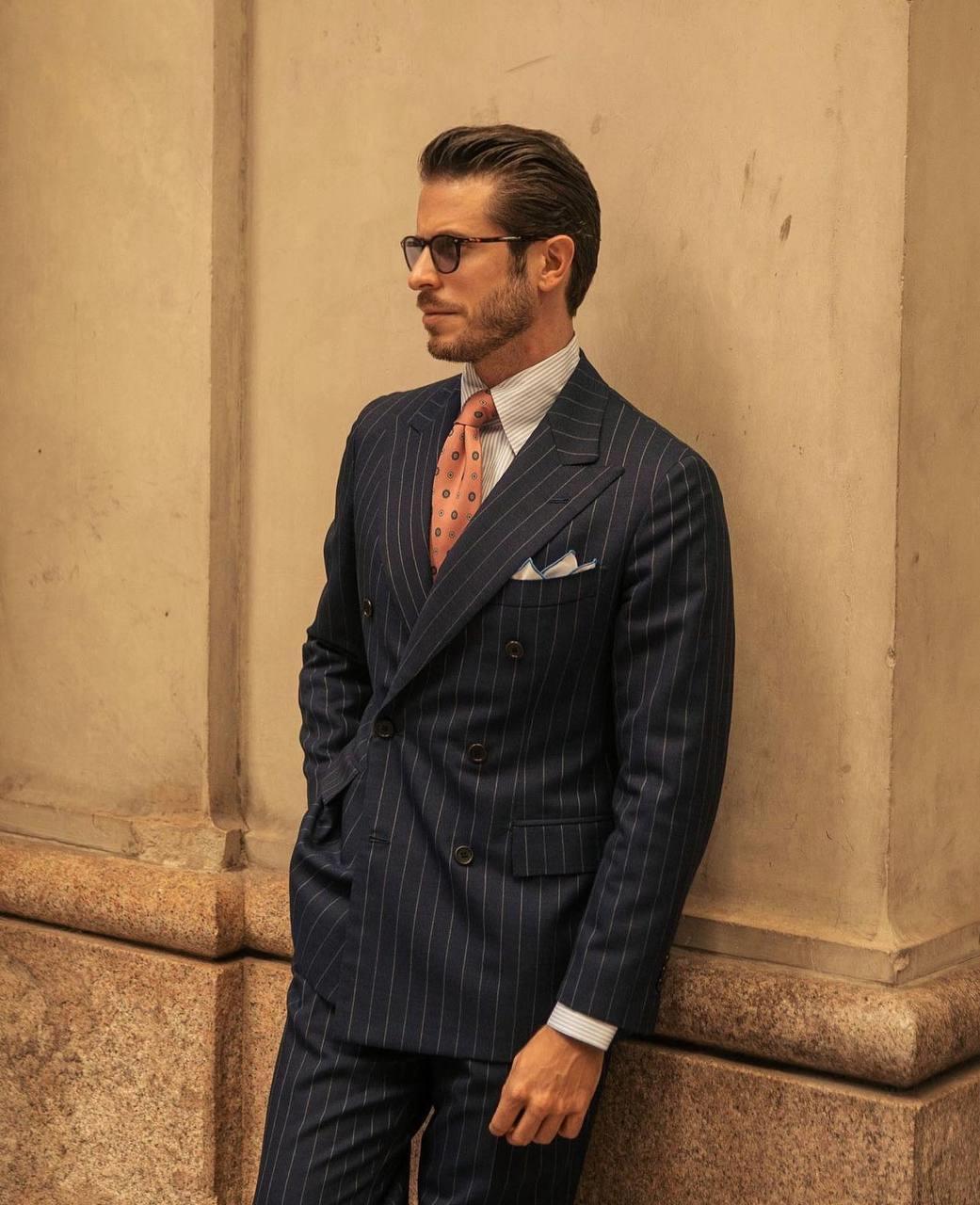 Suit Italian Cut Double Breasted SlimFit Striped Navy Blue SD41028