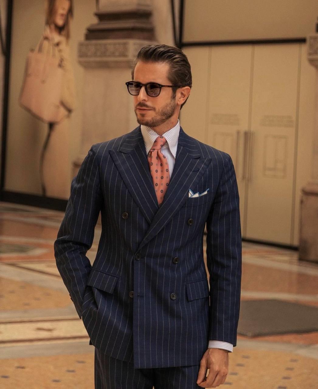 Suit Italian Cut Double Breasted SlimFit Striped Navy Blue SD41028