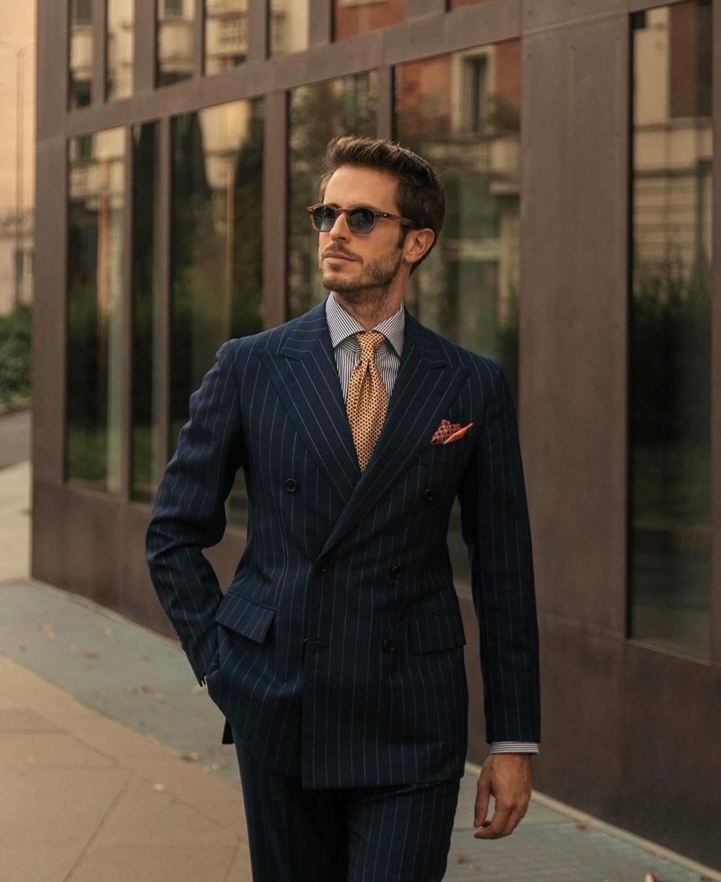Suit Italian Cut Double Breasted SlimFit Striped Navy Blue SD41028