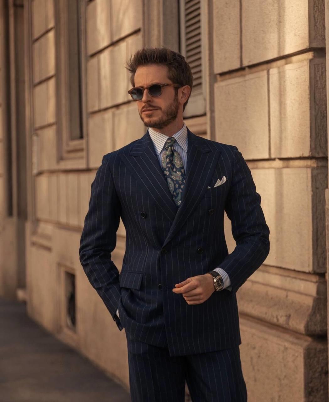 Suit Italian Cut Double Breasted SlimFit Striped Navy Blue SD41028