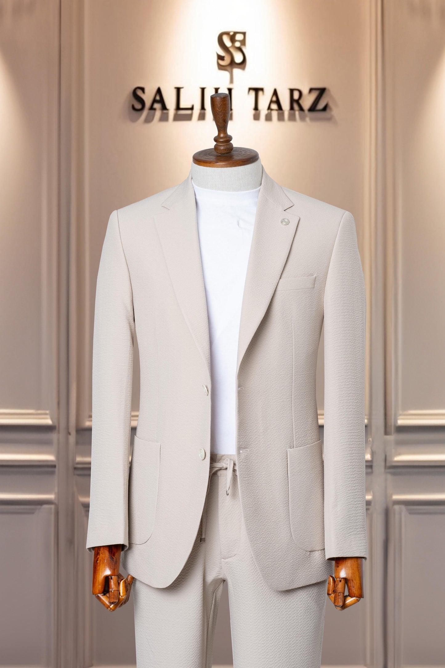Suit Italian Cut Seersucker Drawstring SlimFit Cream SD41039