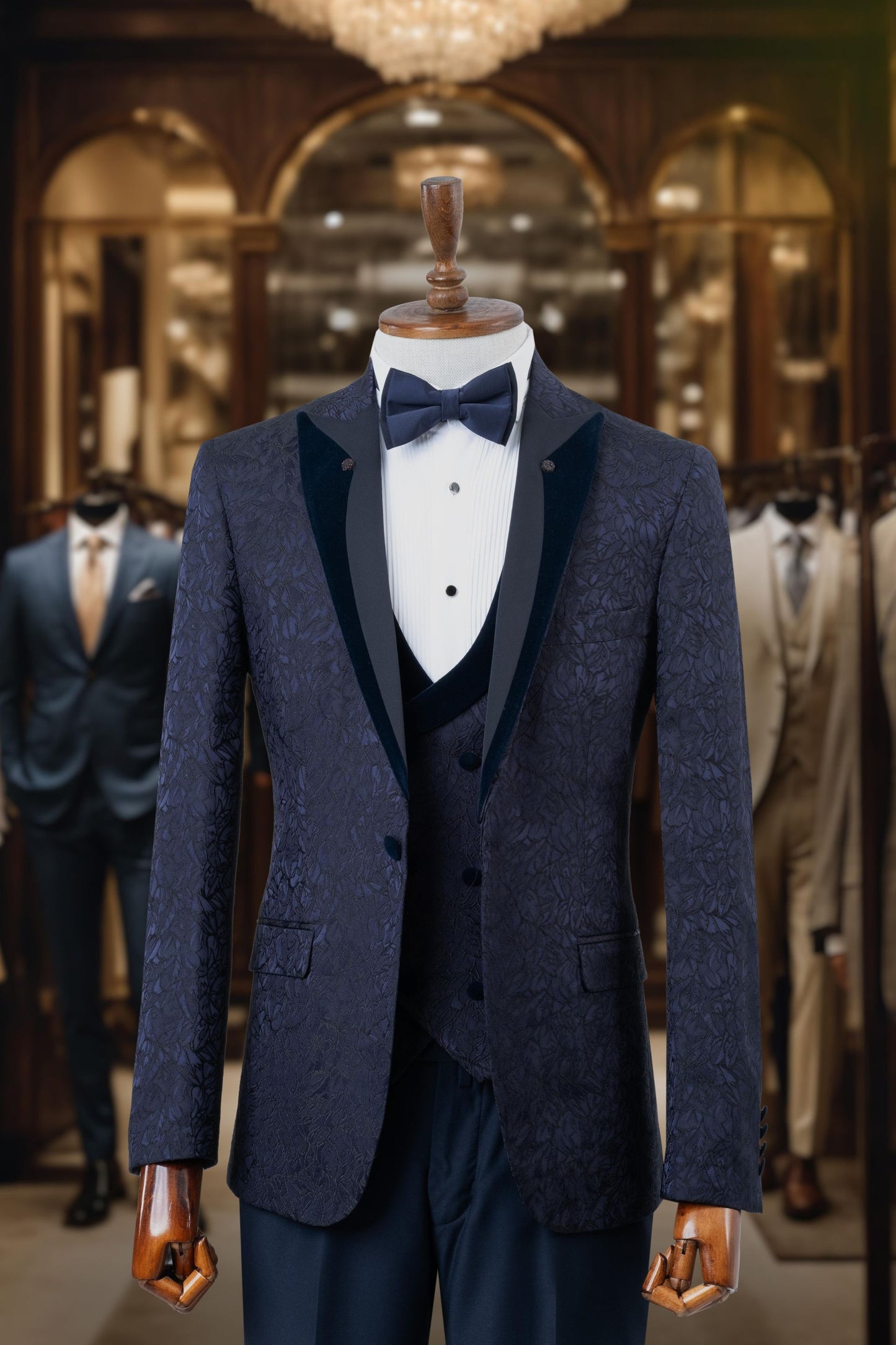 Groom's Suit Italian Cut Slim Fit Navy Blue Patterned SD4158