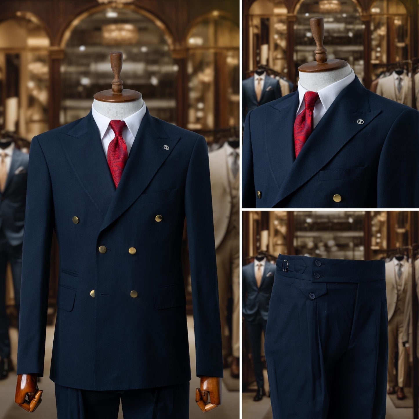 Suit Italian Cut Double Breasted Belted Navy Blue SD4167