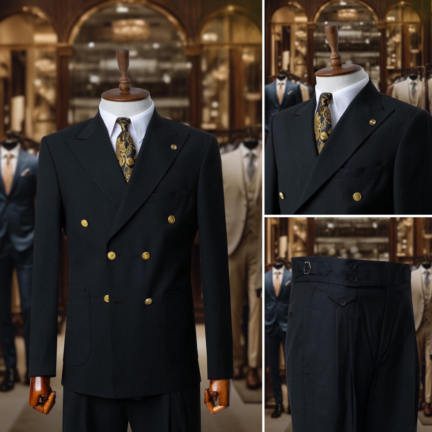 Suit Italian Cut Double Breasted Bag Belted Black SD4168
