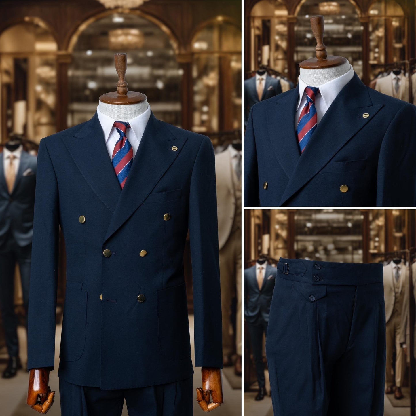 Suit Italian Cut Double Breasted Bag Belted Navy Blue SD4170