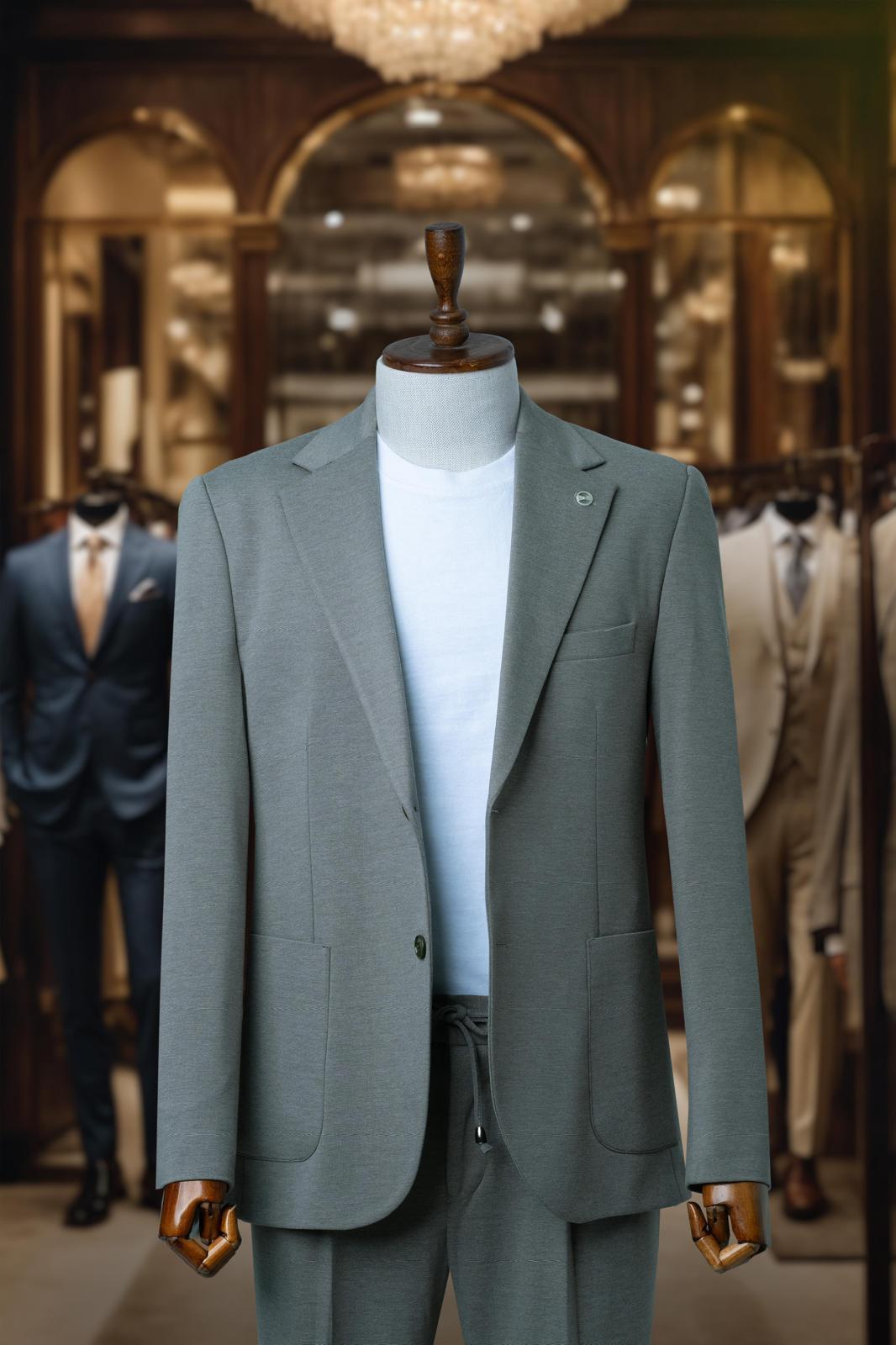 Suit Khaki Green Plain Comfort Fit Mono Collar SD4184