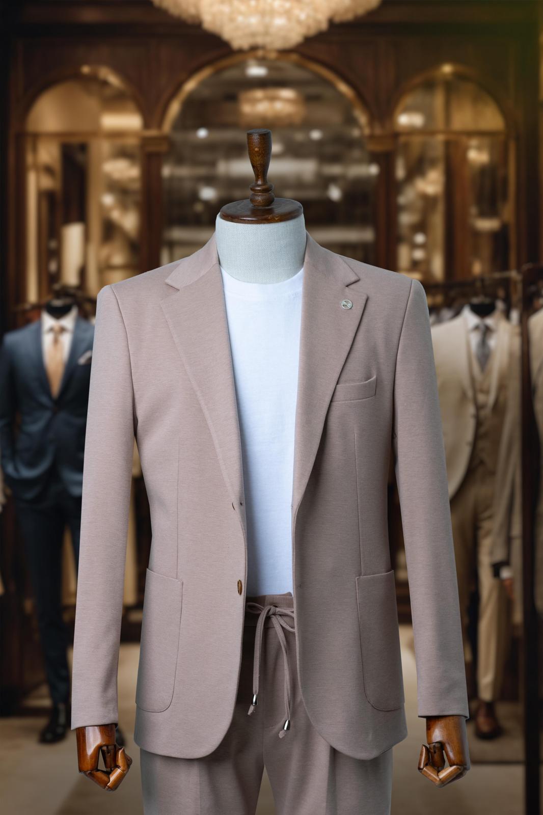 Suit Beige Plain Comfort Fit Mono Collar SD4186