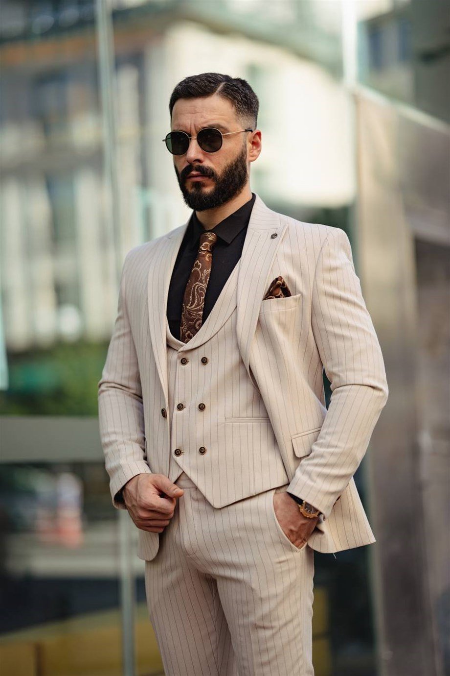 İTALYAN KESİM ÇİZGİLİ YELEKLİ ERKEK KREM TAKIM ELBİSE - SLIM FIT SD4848