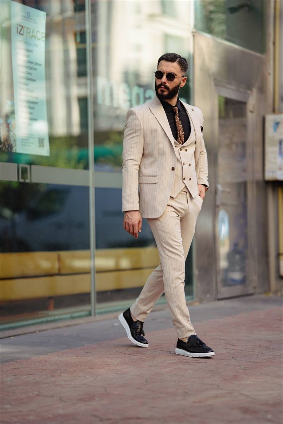 İTALYAN KESİM ÇİZGİLİ YELEKLİ ERKEK KREM TAKIM ELBİSE - SLIM FIT SD4848