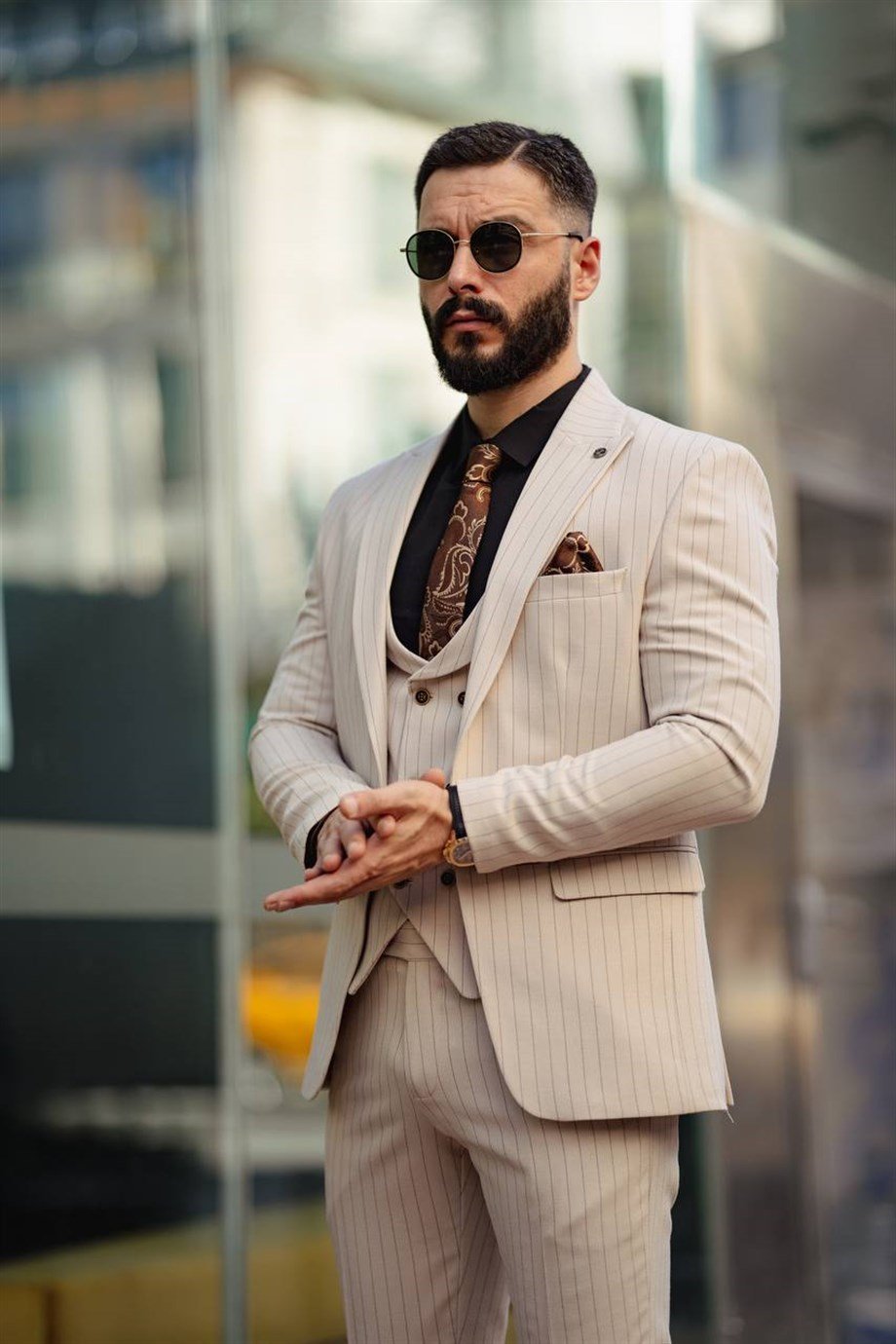 İTALYAN KESİM ÇİZGİLİ YELEKLİ ERKEK KREM TAKIM ELBİSE - SLIM FIT SD4848