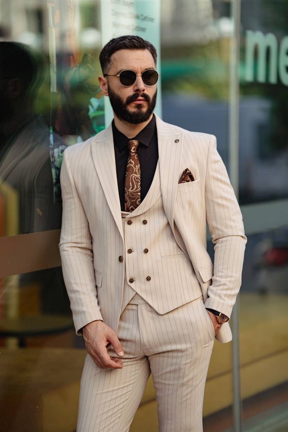 İTALYAN KESİM ÇİZGİLİ YELEKLİ ERKEK KREM TAKIM ELBİSE - SLIM FIT SD4848
