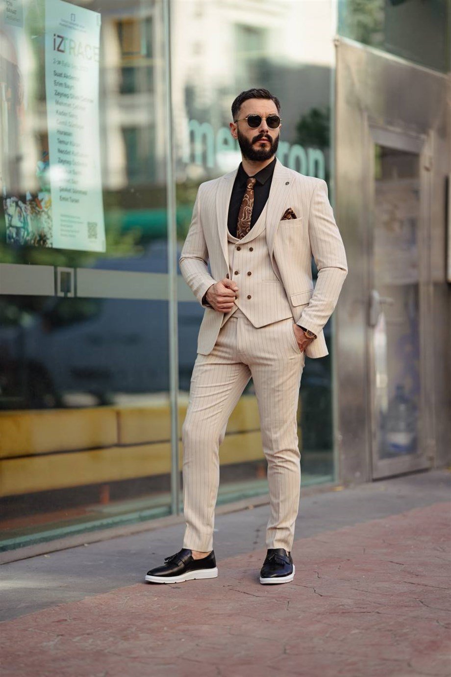 İTALYAN KESİM ÇİZGİLİ YELEKLİ ERKEK KREM TAKIM ELBİSE - SLIM FIT SD4848