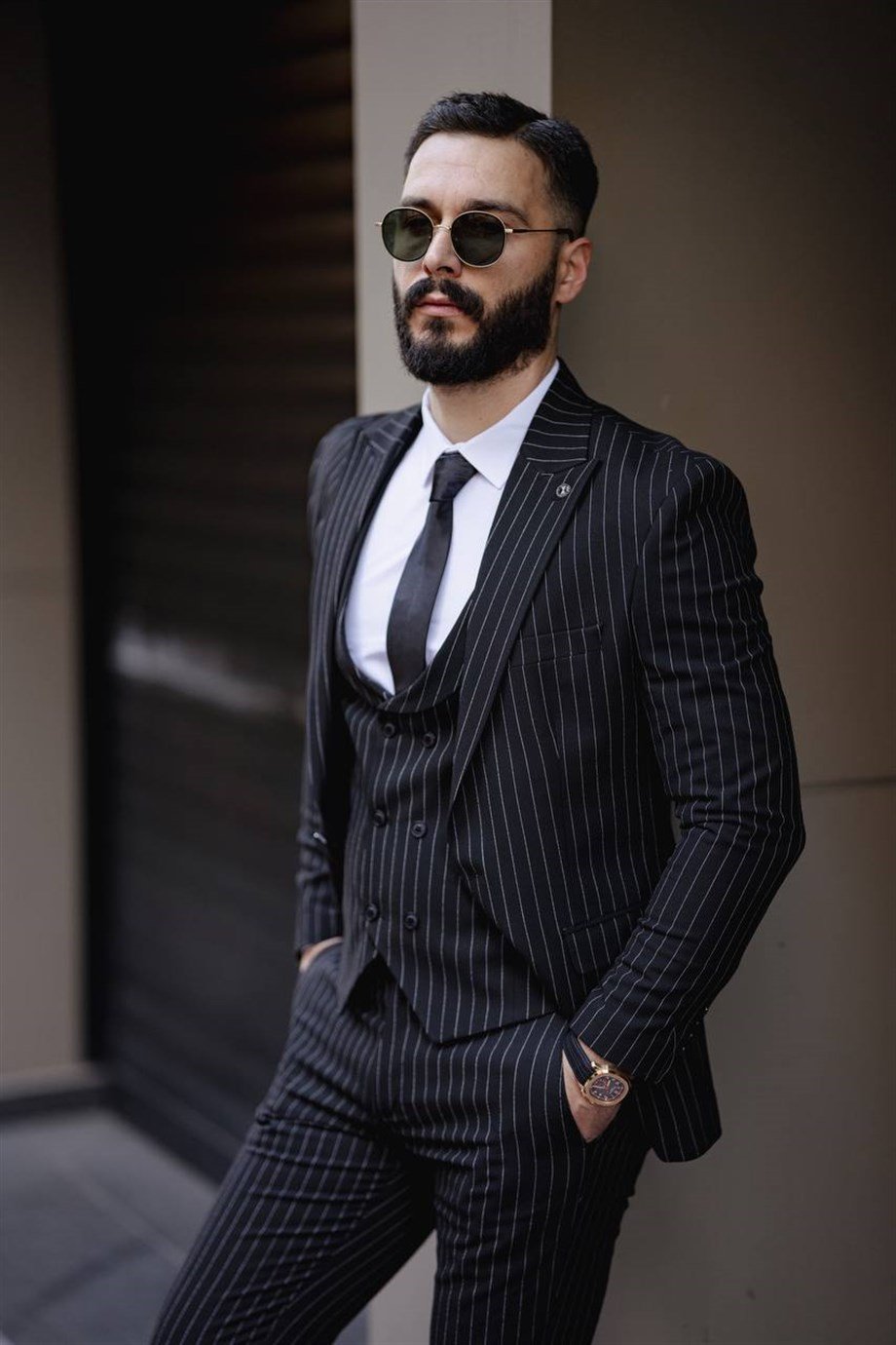 ITALIAN CUT STRIPED MEN'S BLACK SUIT WITH VEST - SLIM FIT SD4852