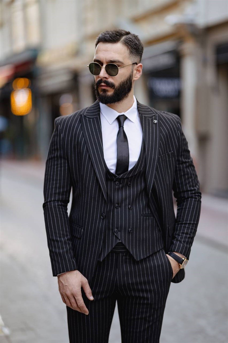 ITALIAN CUT STRIPED MEN'S BLACK SUIT WITH VEST - SLIM FIT SD4852