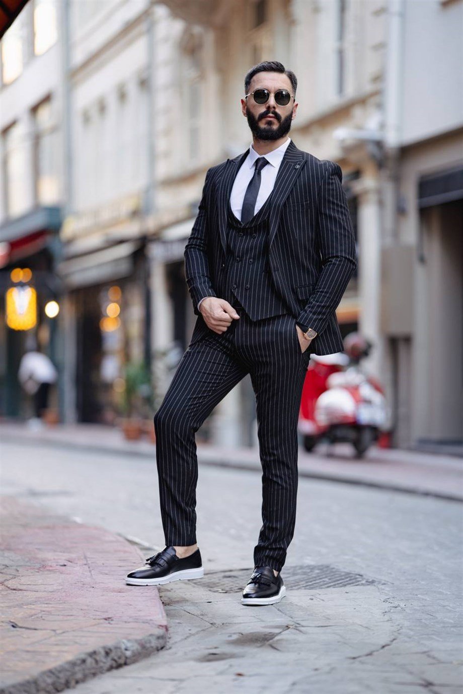 ITALIAN CUT STRIPED MEN'S BLACK SUIT WITH VEST - SLIM FIT SD4852