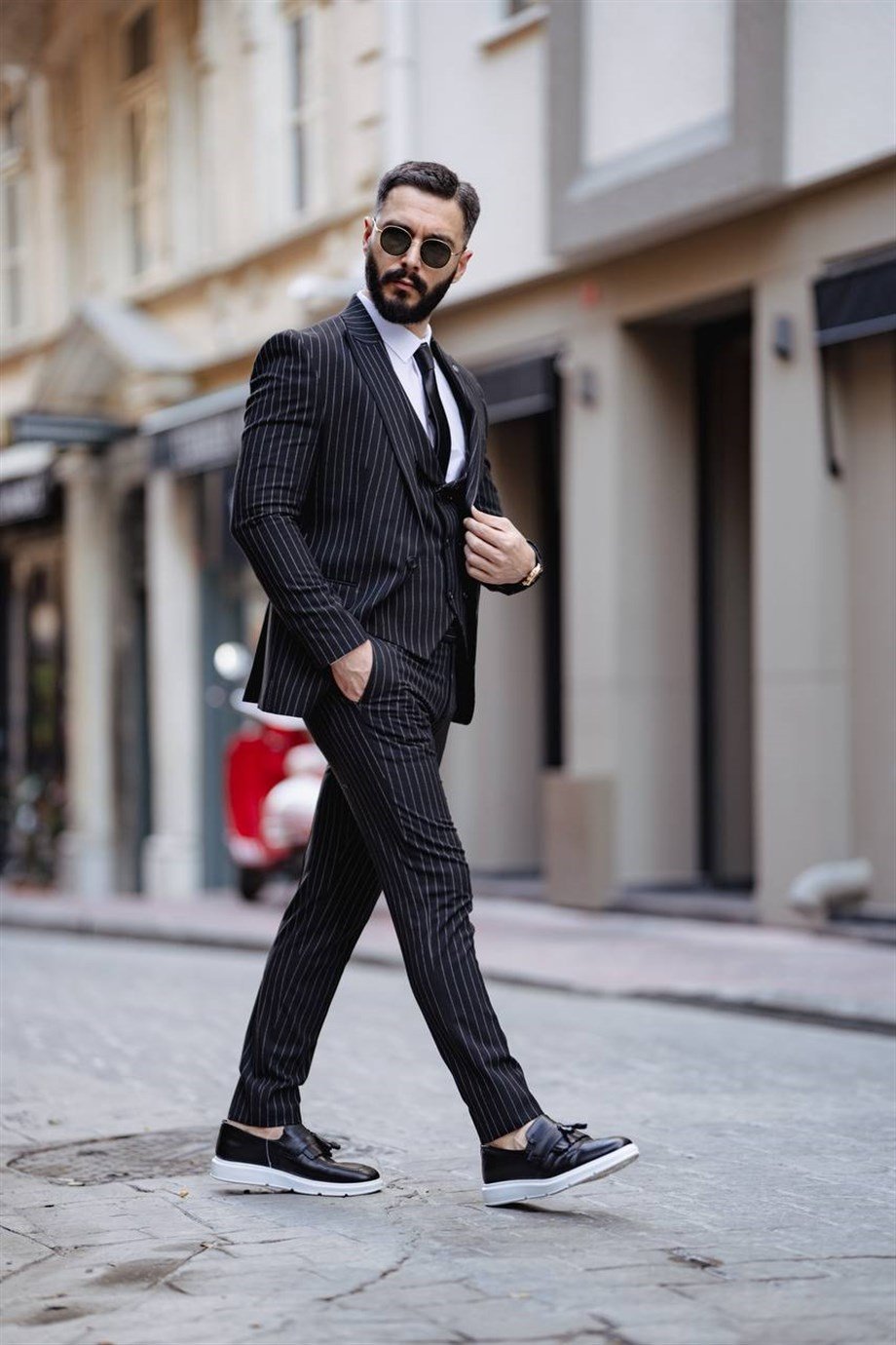 ITALIAN CUT STRIPED MEN'S BLACK SUIT WITH VEST - SLIM FIT SD4852