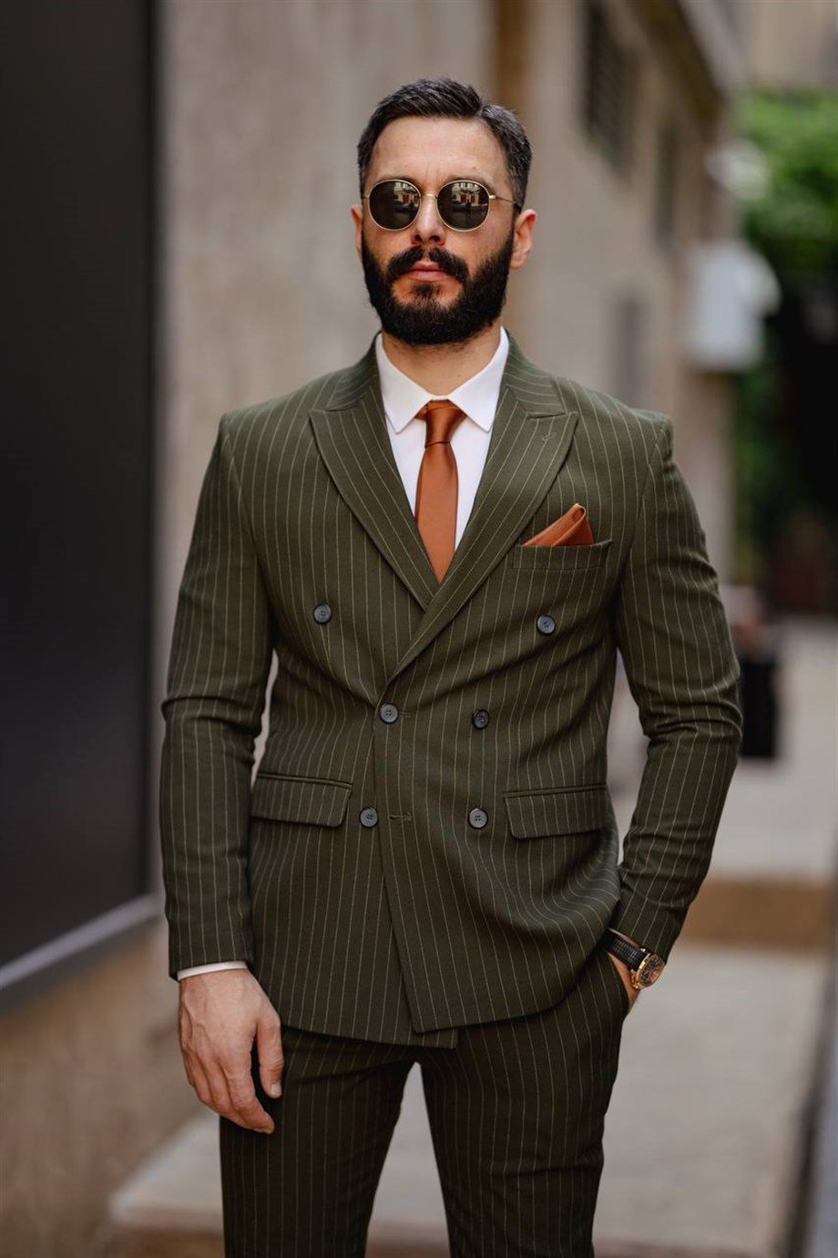 Italian Cut Double Breasted Men's Green Suit - Slim Fit SD4856