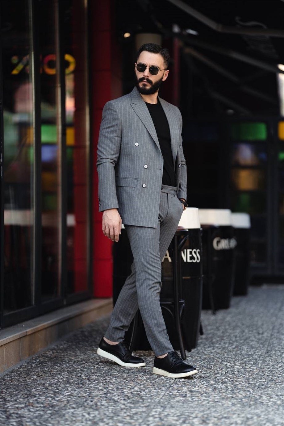 Italian Cut Double Breasted Men's Dark Gray Suit - Slim Fit SD4857