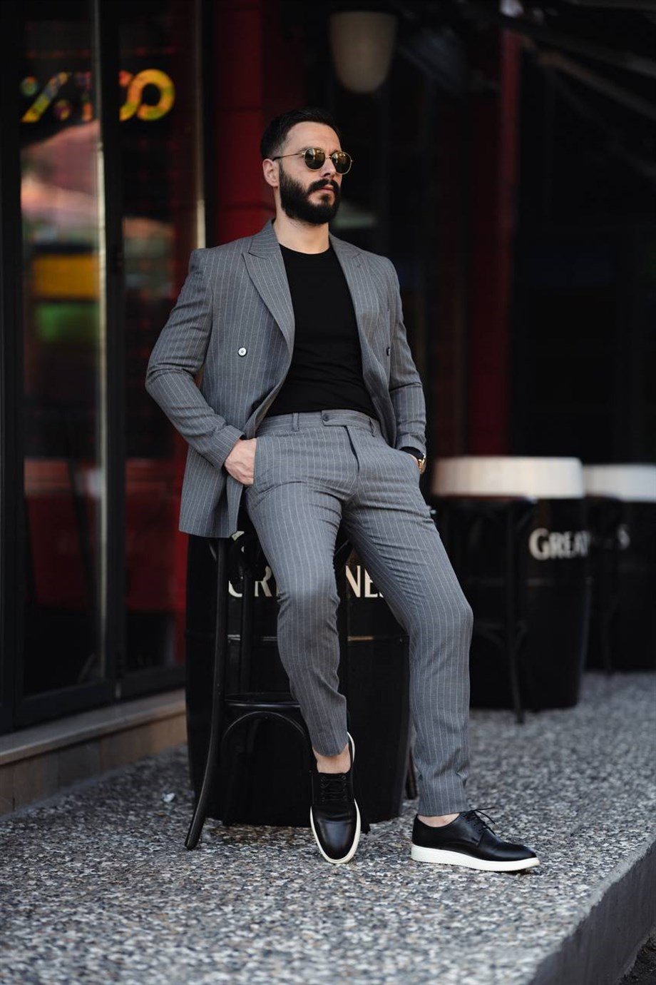 Italian Cut Double Breasted Men's Dark Gray Suit - Slim Fit SD4857