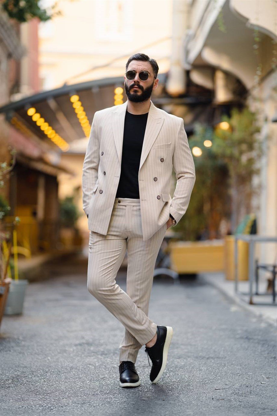 Italian Cut Double Breasted Men's Cream Suit - Slim Fit SD4858