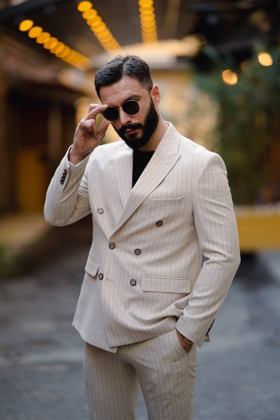 Italian Cut Double Breasted Men's Cream Suit - Slim Fit SD4858