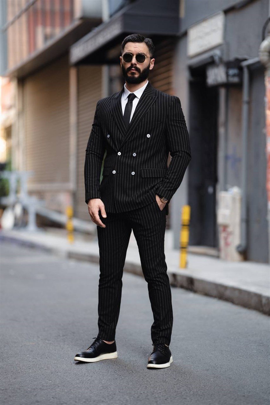 Italian Cut Double Breasted Men's Black Suit - Slim Fit SD4860