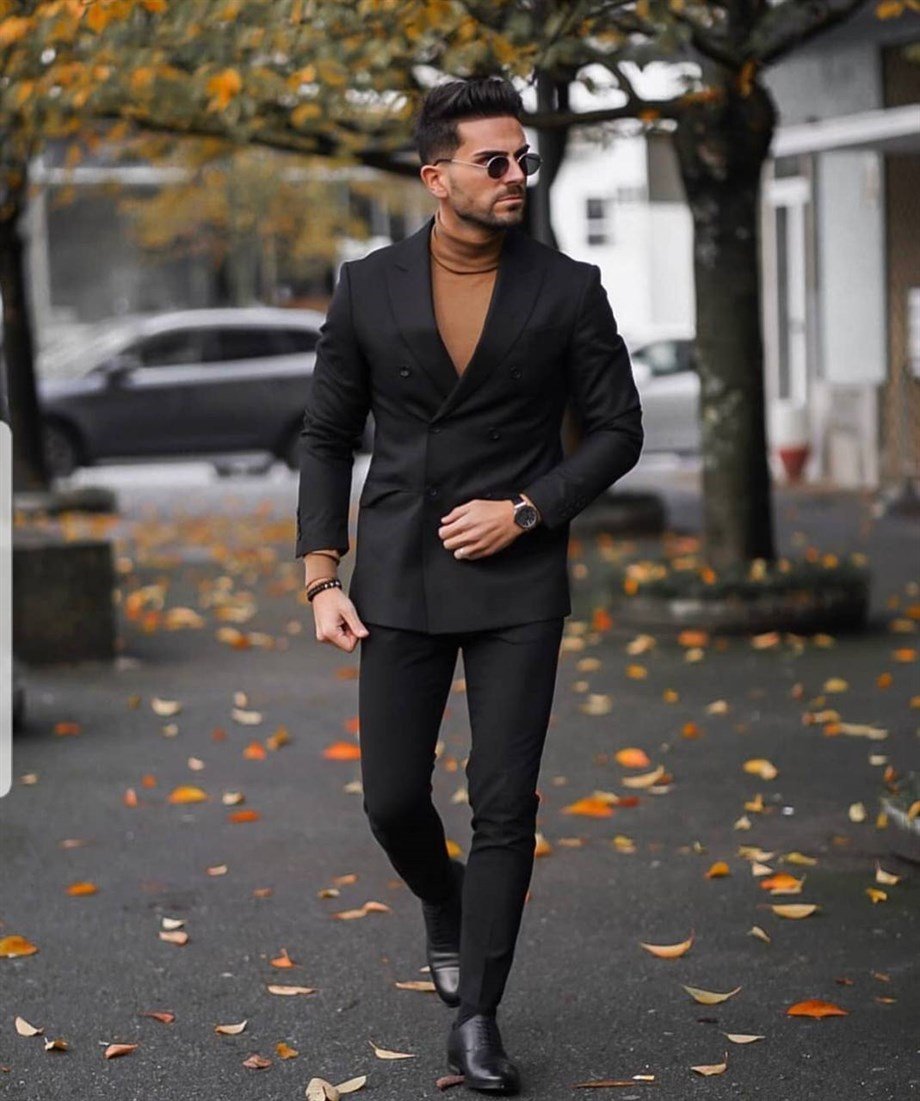 Italian Cut Double Breasted Men's Black Suit - Slim Fit SD4861