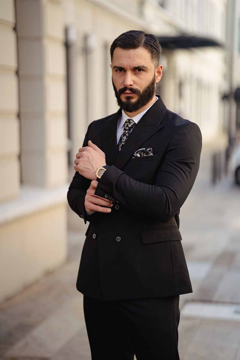 Italian Cut Double Breasted Men's Black Suit - Slim Fit SD4874