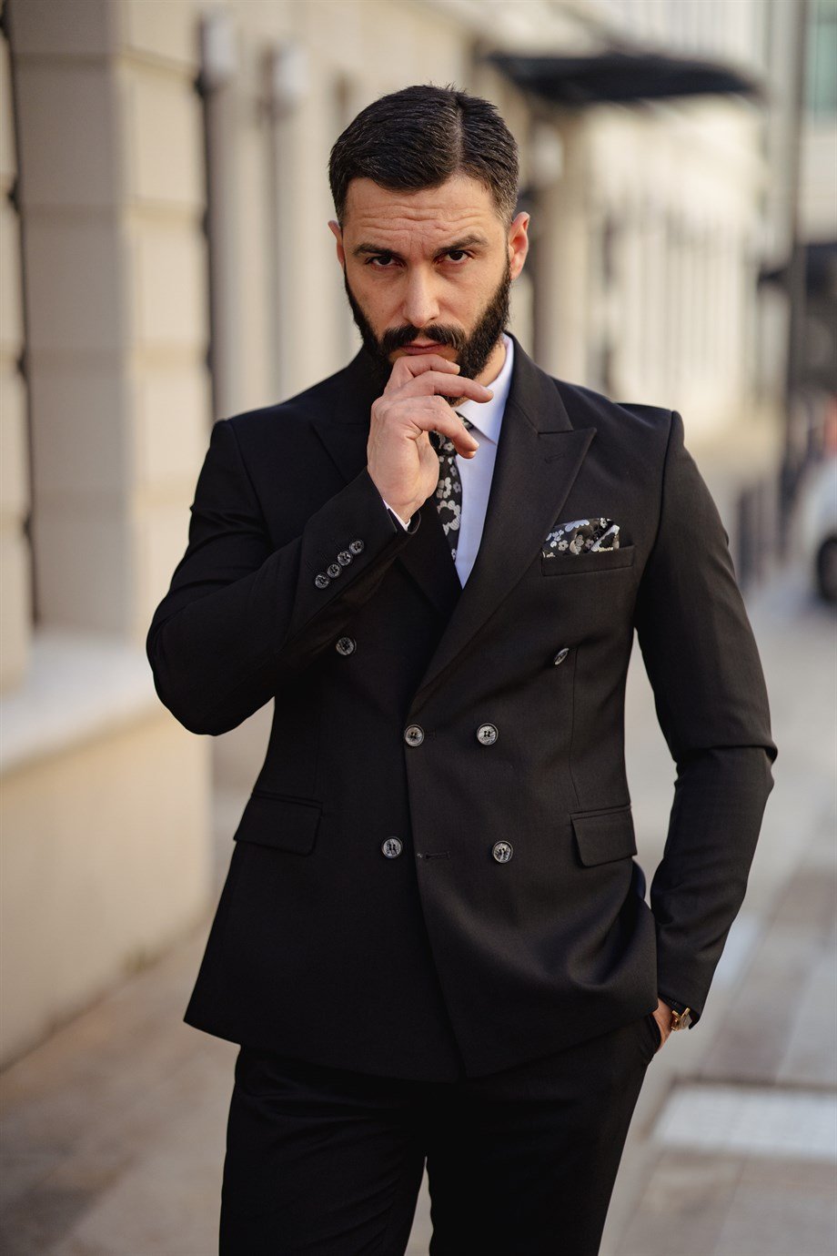 Italian Cut Double Breasted Men's Black Suit - Slim Fit SD4874