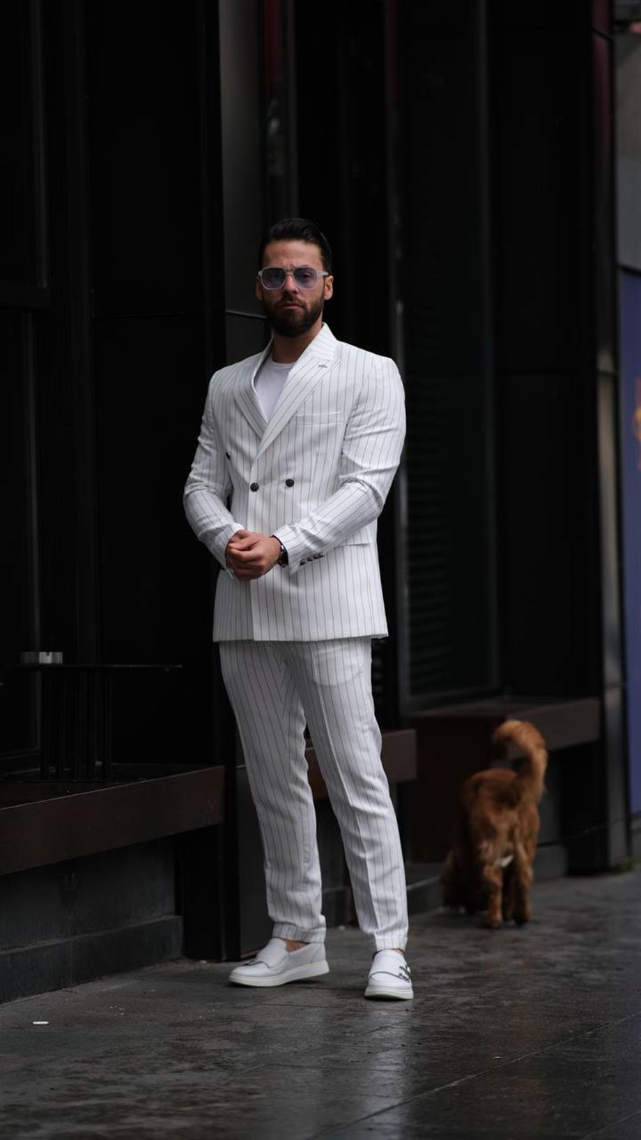 Italian Cut White Striped Double Breasted Suit - Slim Fit SD4943