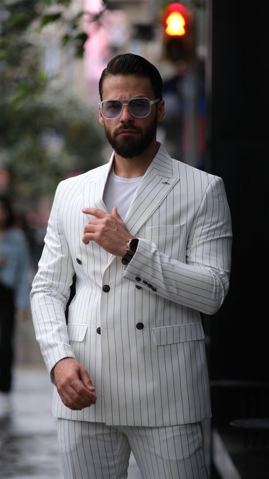 Italian Cut White Striped Double Breasted Suit - Slim Fit SD4943