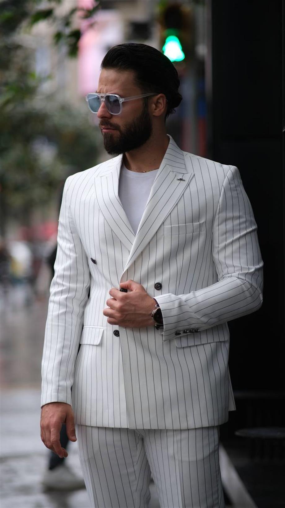 Italian Cut White Striped Double Breasted Suit - Slim Fit SD4943