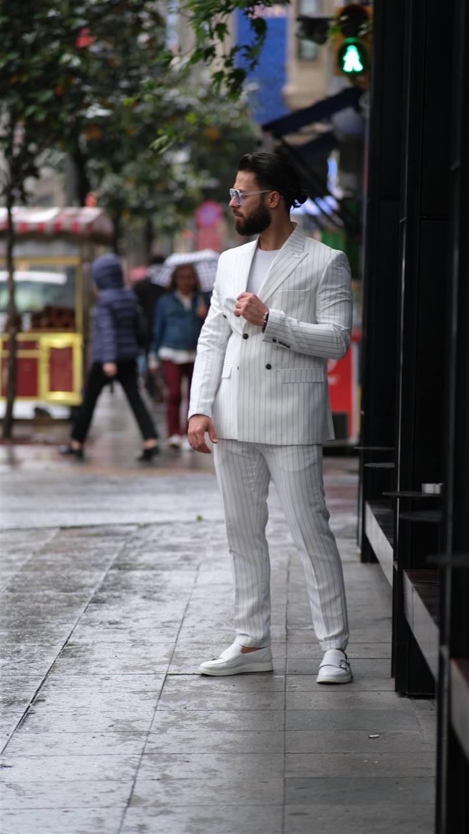 Italian Cut White Striped Double Breasted Suit - Slim Fit SD4943