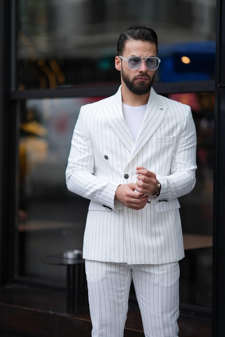 Italian Cut White Striped Double Breasted Suit - Slim Fit SD4943