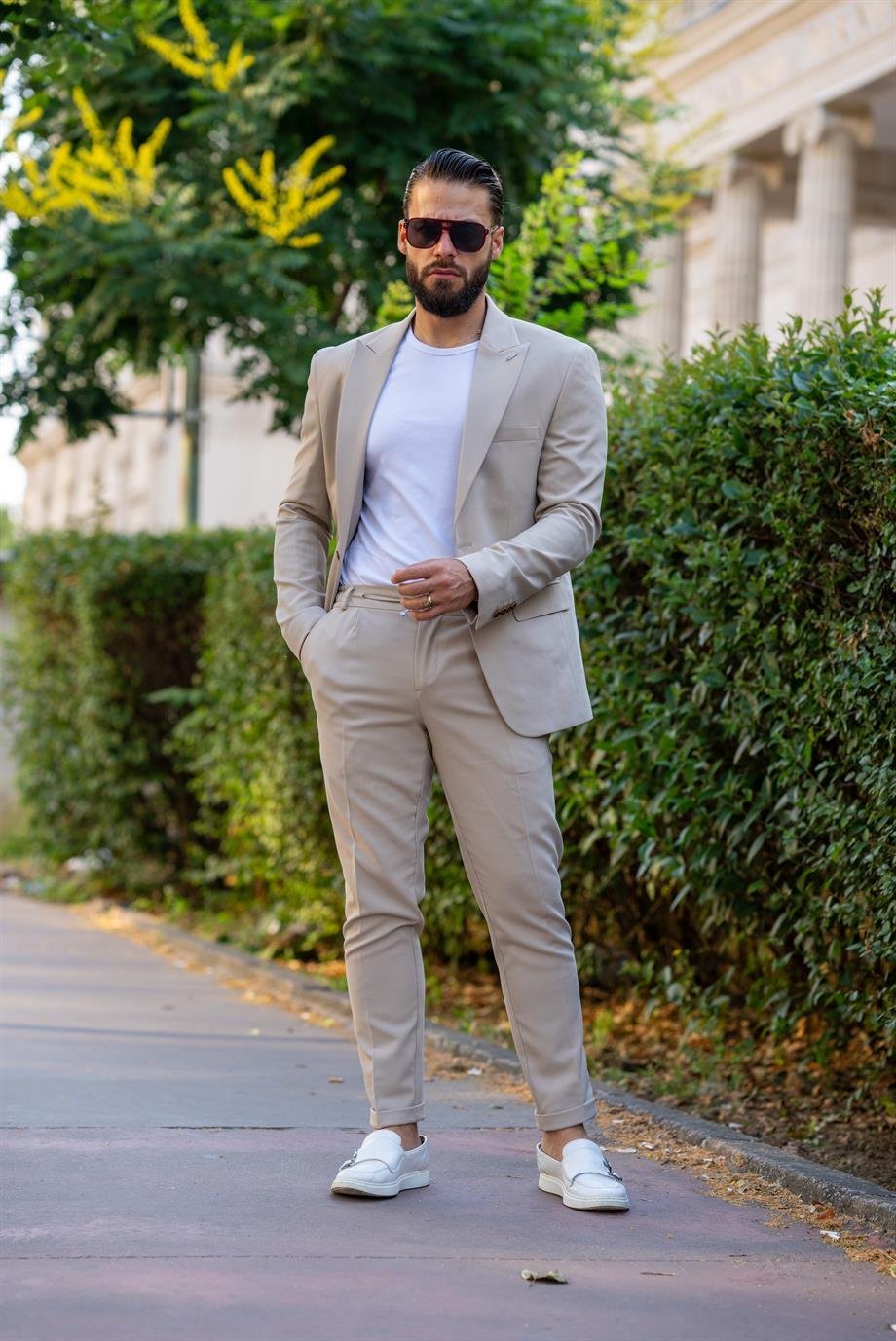 Italian Cut Suit Cream Sports Drawstring - Slım Fit SD4975
