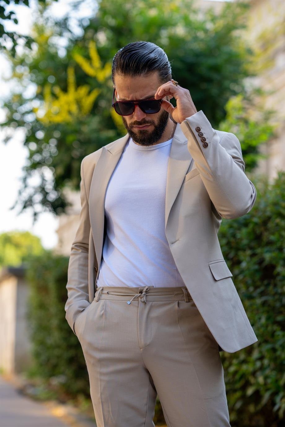 Italian Cut Suit Cream Sports Drawstring - Slım Fit SD4975