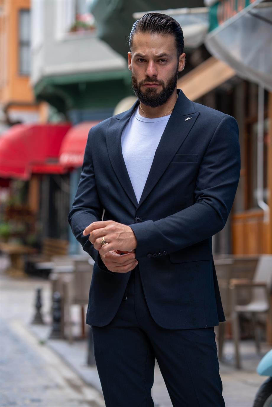 Italian Cut Suit Navy Blue Sports String - Slim Fit SD4976
