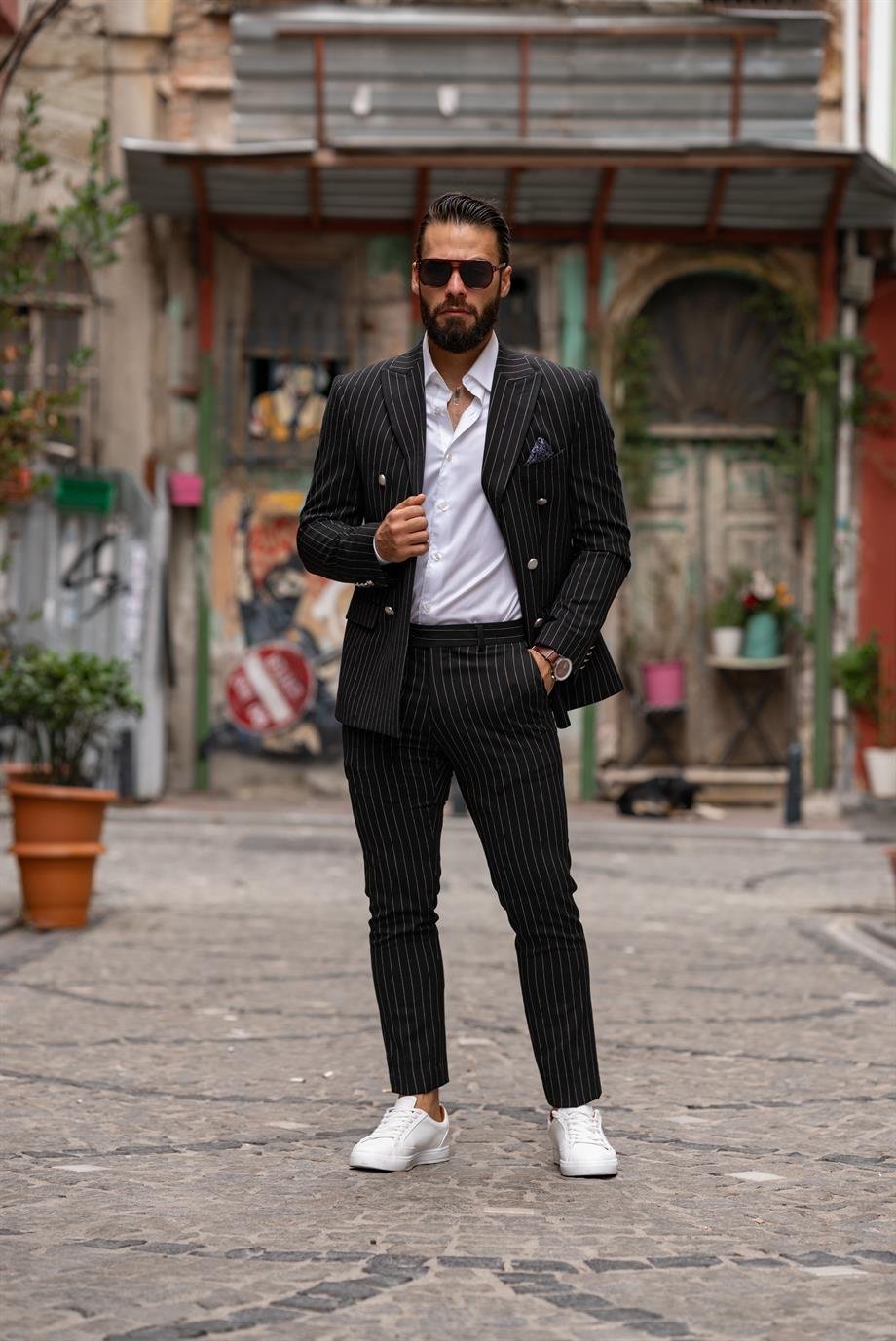 Suit Italian Cut Double Breasted Black Striped SD4984