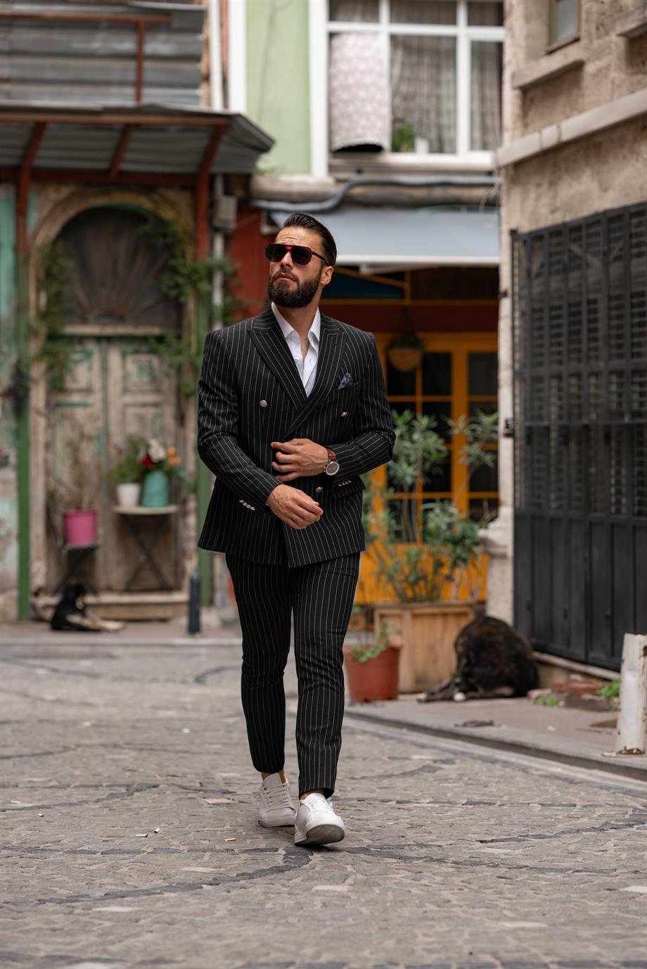 Suit Italian Cut Double Breasted Black Striped SD4984