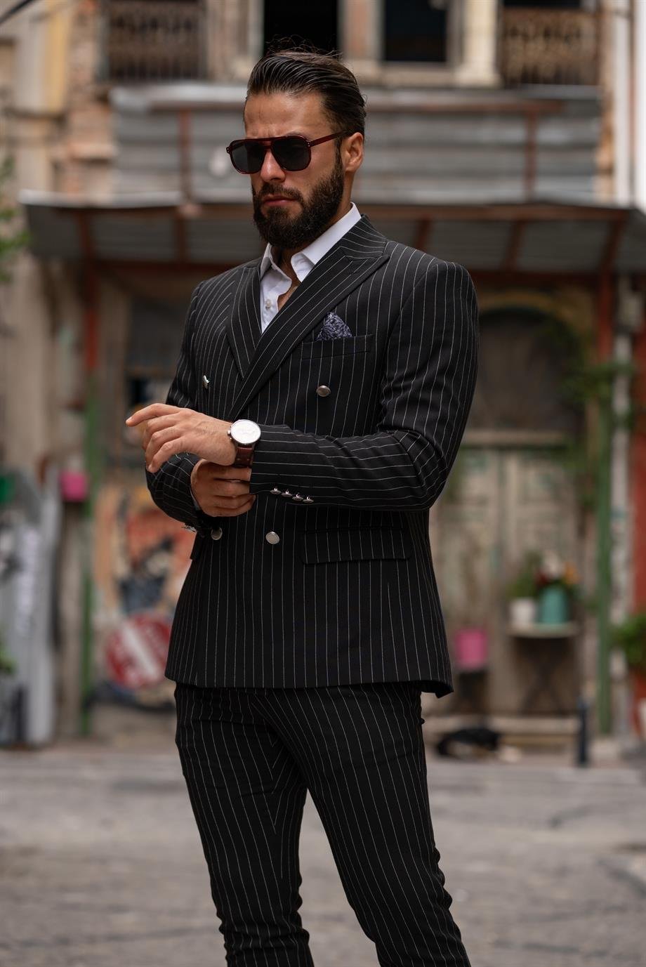 Suit Italian Cut Double Breasted Black Striped SD4984