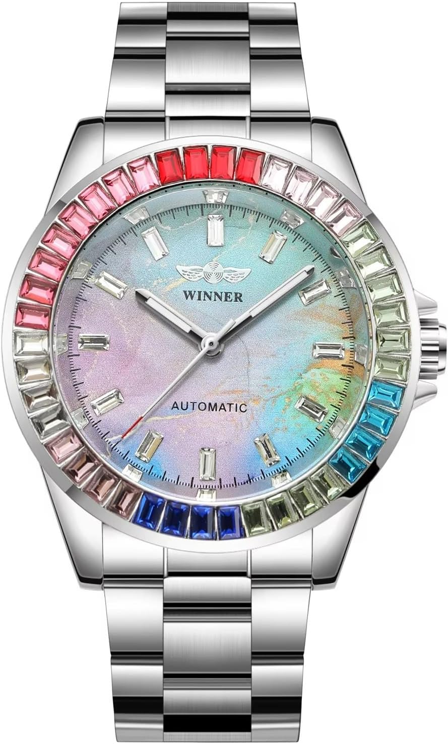 1040 Winner 002A Men's Automatic Watches Diamonds Watch Male colorful Skeleton Waterproof Stainless Steel Top Brand Clock