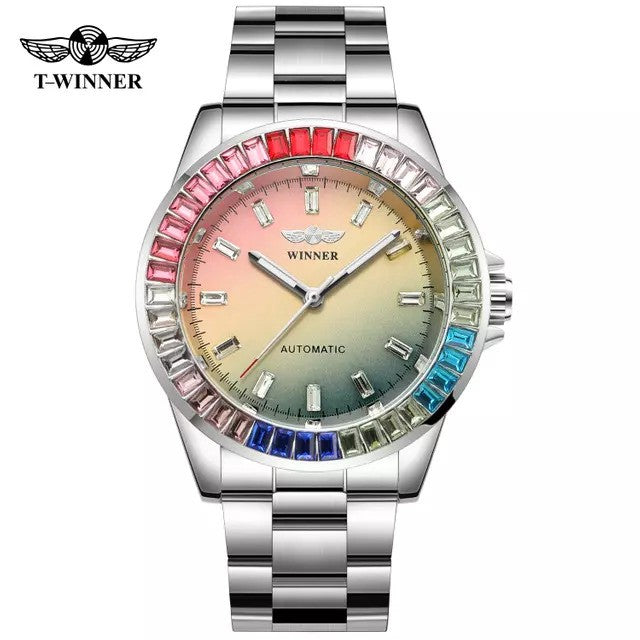 1040 Winner 002A Men's Automatic Watches Diamonds Watch Male colorful Skeleton Waterproof Stainless Steel Top Brand Clock
