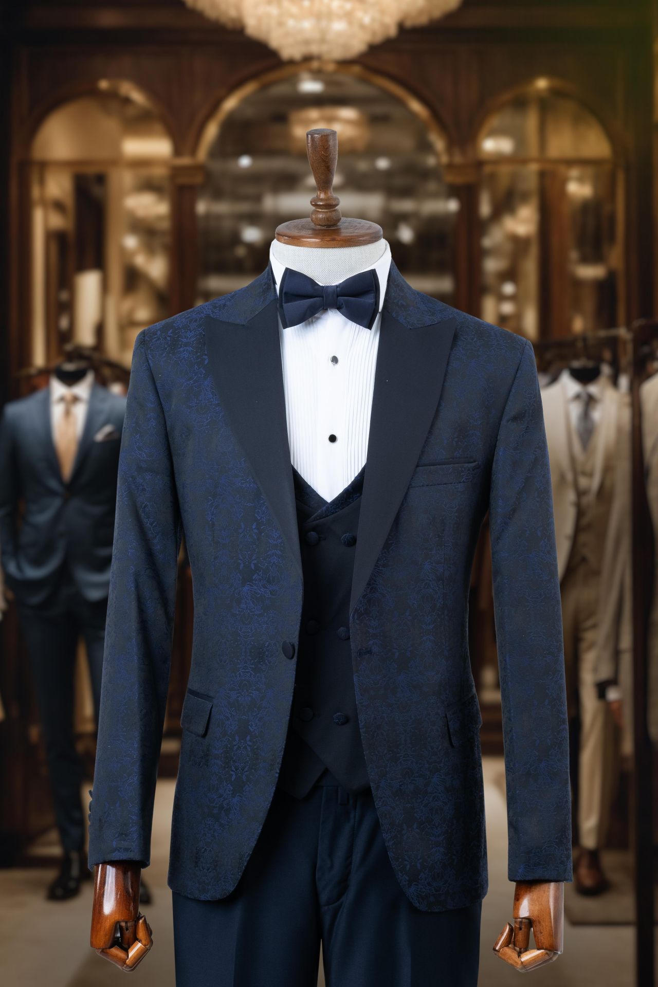 Groom's Suit Italian Cut Slim Fit Navy Blue Patterned SD4159