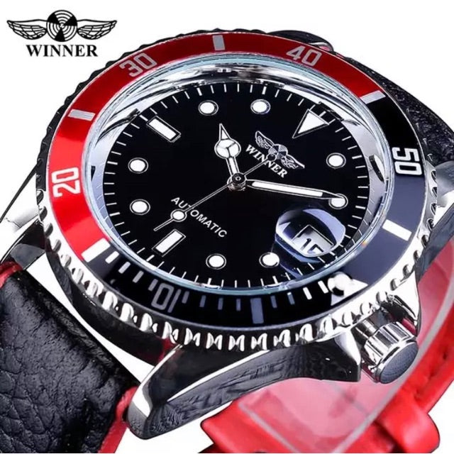 1050 WINNER 002 Men Mechanical Watch Fashion Luxury Style Automatic Date Business Black Leather Strap Wristwatch for Male