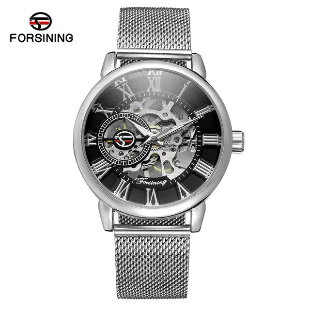 1024 Forsining 99C Design Black Silver Automatic Manual Winding Watch Steel Clock Luminous Men Business Mechanical Wristwatch
