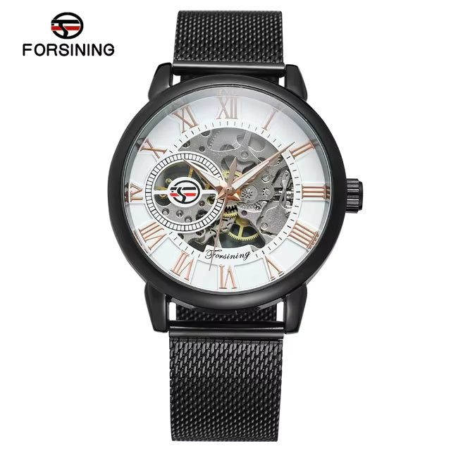 1024 Forsining 99C Design Black Silver Automatic Manual Winding Watch Steel Clock Luminous Men Business Mechanical Wristwatch