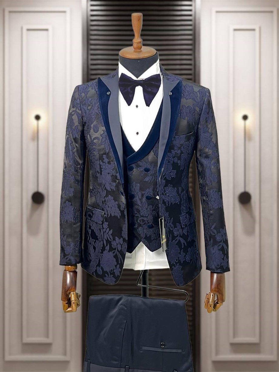 Groom's Suit Italian Cut Slim Fit Patterned Navy Blue SD3420