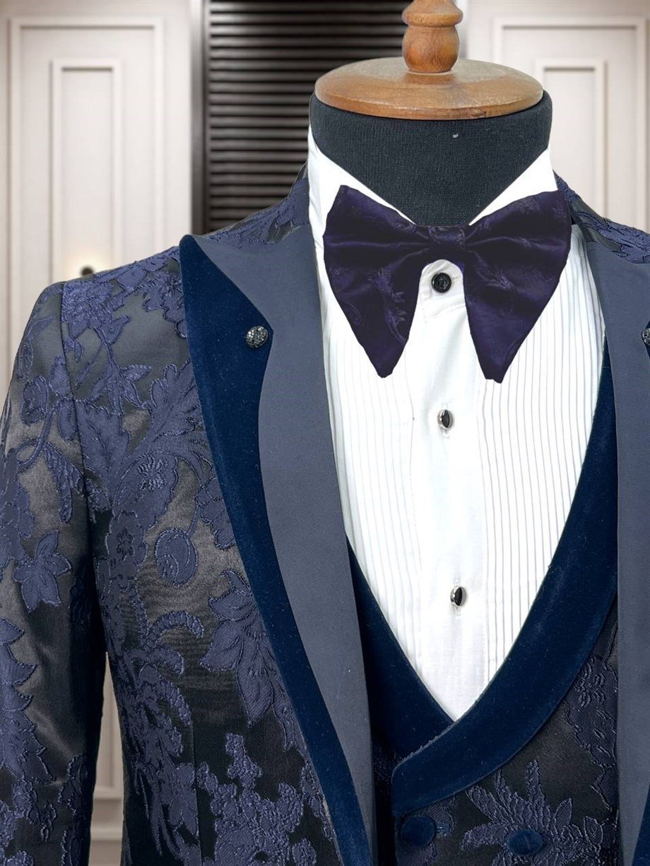 Groom's Suit Italian Cut Slim Fit Patterned Navy Blue SD3420